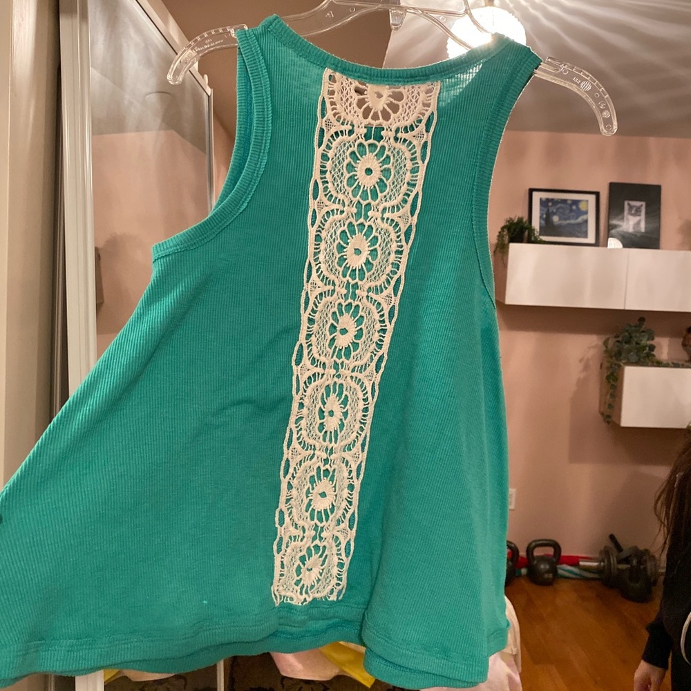 Teal Flowy Tank Top White Flower Embroidery Sz S!!